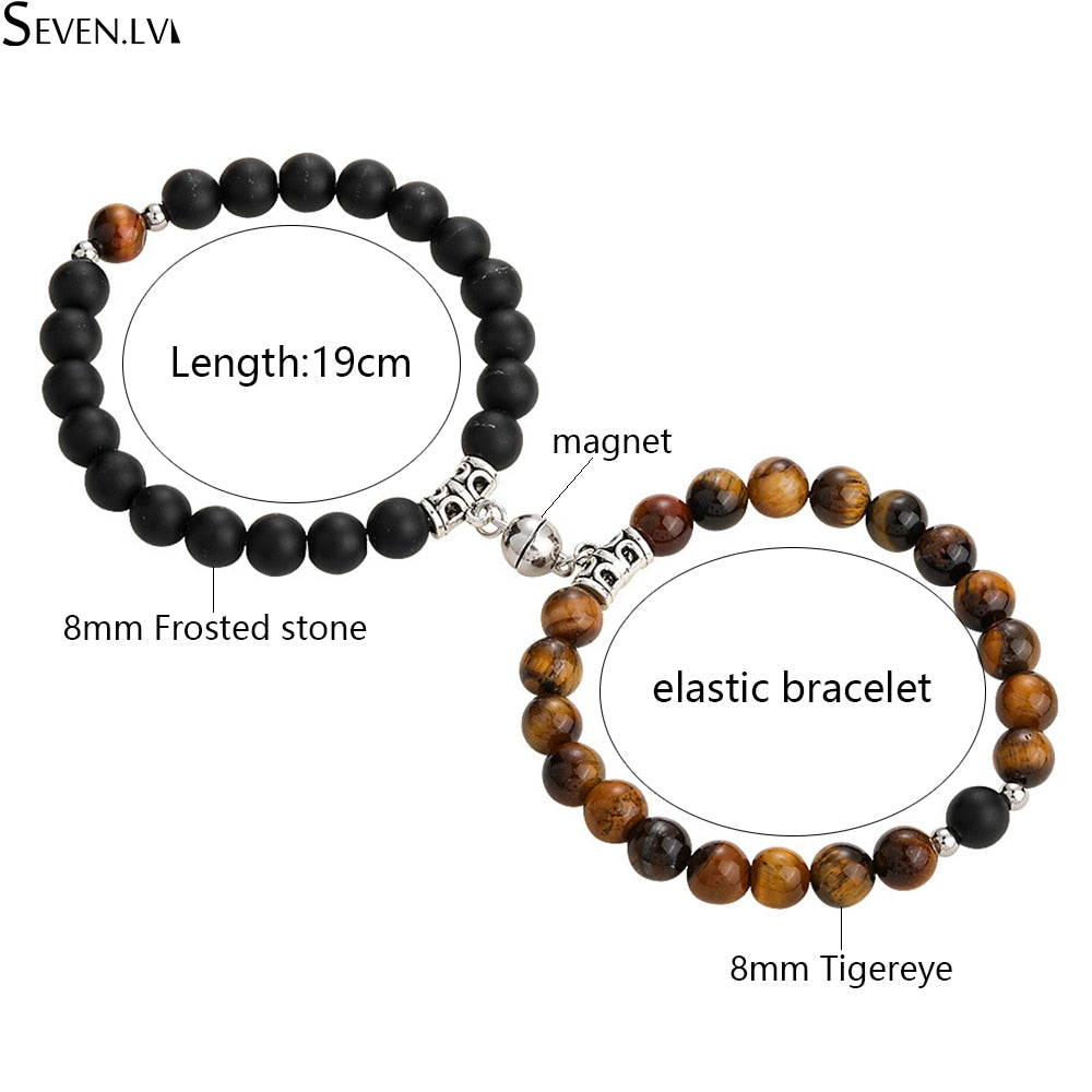 2pcs / set 8mm Tigereye natural stone fashion jewelry couple bracelets magnet attraction Charm Bracelet Gifts for women and men